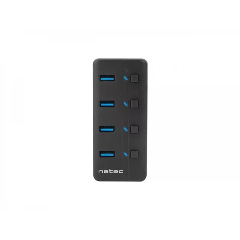 Natec Mantis 2 NHU-1557 hub USB 3.0 de 4 portas, entrada USB Type-B, interruptores ligar/desligar, adaptador de corrente, preto