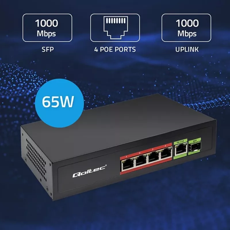 Switch Ethernet PoE QOLTEC 52296 — 4 portas RJ45 PoE, 1 uplink RJ45