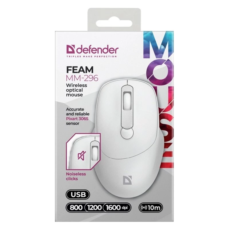 Defender Feam MM-296 52297 rato sem fios, clique silencioso, ótico, 1600 DPI, USB, branco