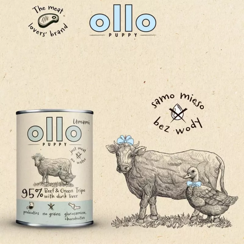 OLLO Puppy Umami Vaca e tripa verde com fígado de pato - Comida húmida para cães - 400 g
