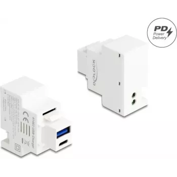Módulo Keystone DELOCK com USB Type-A e conector fêmea de carregamento USB Type-C PD 20W branco