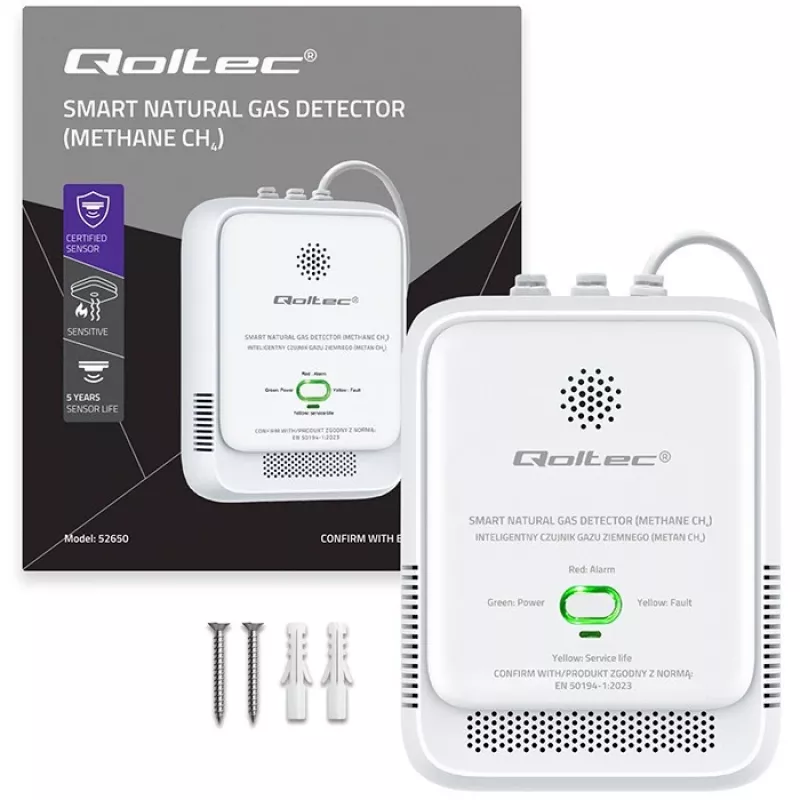 Sensor de fuga de gás QOLTEC NG 85dB LE – detetor de gás natural (CH4), alarme acústico 85 dB
