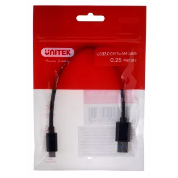 Cabo USB-C para USB-A Unitek Y-C490BK 3.1 Gen1 (USB 3.0), 0,25 m, preto, macho-macho