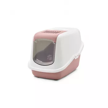 Caixa de areia para gatos com tampa Savic Nestor branco-rosa, bandeja fechada com tampa, 56×39×38,5 cm