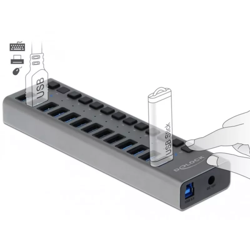 DeLOCK Hub USB externo 5 Gbit/s com 13 portas + interruptor, USB 3.2 Gen 1 (3.1 Gen 1) Type-B, USB 3.2 Gen 1 (3.1 Gen 1) Type-A, 5000 Mbit/s, Cinzento, Alumínio, 1 m