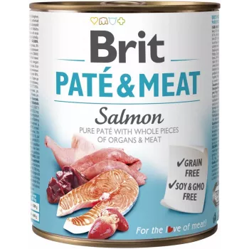 Comida húmida para cães Brit Paté & Meat com salmão 800 g – comida completa em lata para cães adultos, sabor a frango, sem cereais, 75 % de humidade