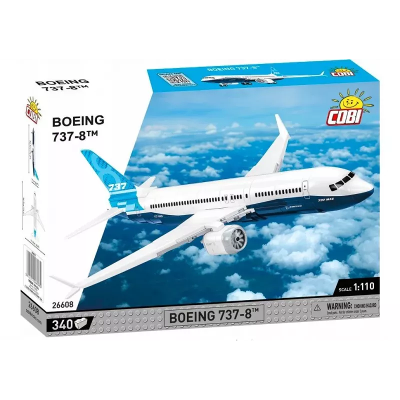 Conjunto de montagem Cobi Boeing 737-8 — 340 peças, idade recomendada 7+, azul e branco