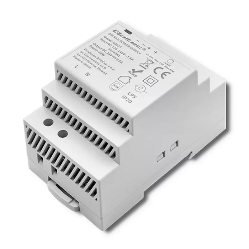 Fonte de alimentação para calha DIN QOLTEC 24V 2.5A 60W cinzento