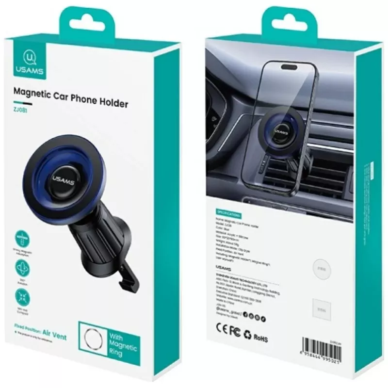 Suporte magnético para telemóvel no carro usams ZJ081 — suporte magnético para smartphones, design compacto, instalação fácil
