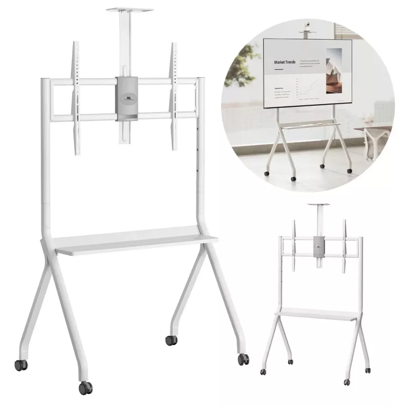 Suporte de TV de chão MACLEAN MC-114 W para ecrãs 55-100 polegadas, branco, VESA até 900x600, carga máxima 120 kg, altura 115–152 cm, prateleira