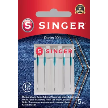 Agulhas de máquina de costura SINGER Denim 90/14, pack de 5 – para tecidos pesados (denim, lona)