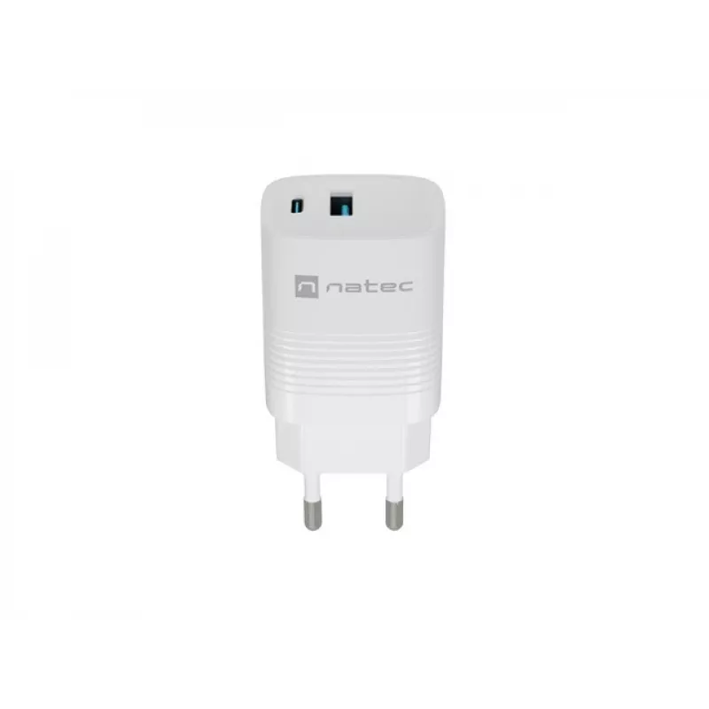 Carregador com fio para dispositivos móveis NATEC NUC-2140, 30W, USB-C PD 3.0 + USB-A, Samsung AFC, branco