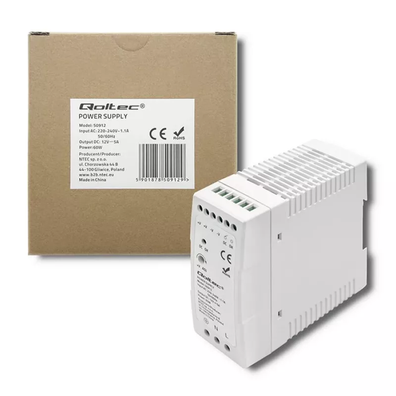 Fonte de alimentação para calha DIN Qoltec | 60W | 12V | 5A | branco | slim