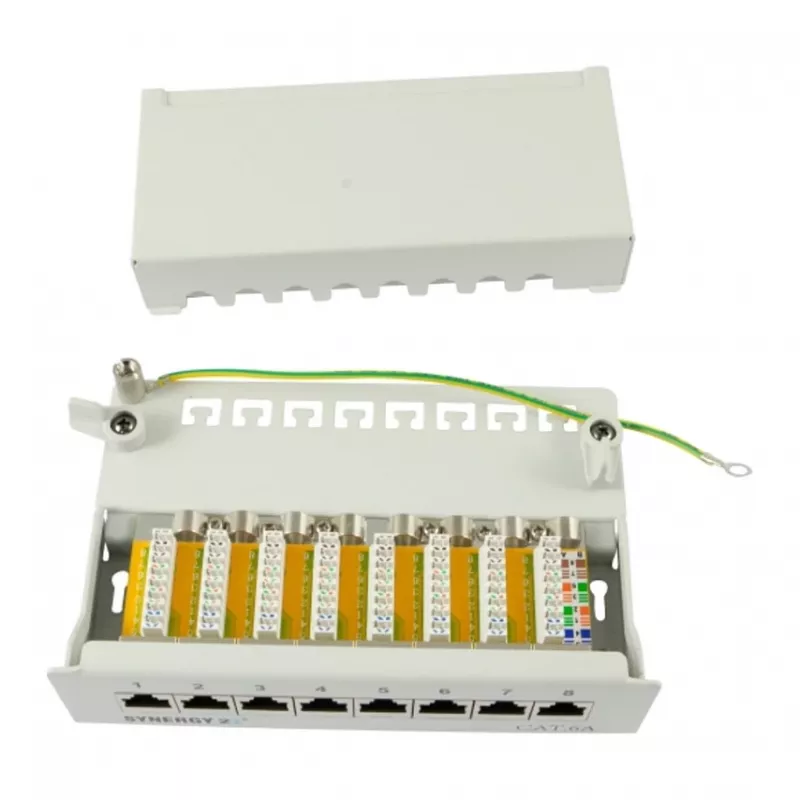 Patch panel 8xTP, CAT6A, 500 Mhz, montagem à superfície, cinzento-claro, Syner (S216314)