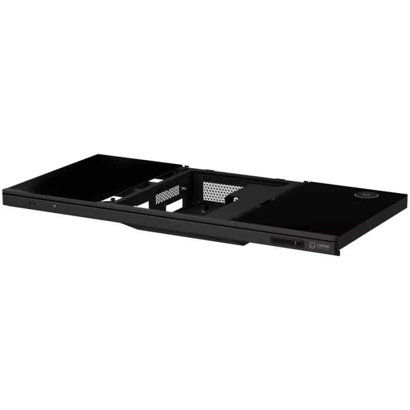 Secretária gaming de altura ajustável com motor duplo, função sentado/em pé, caixa de PC integrada, carregador sem fios, iluminação RGB, painel de controlo e portas USB, tampo em vidro temperado, preto.