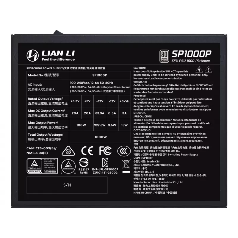 Fonte de alimentação Lian Li SP Series Platinum SFX totalmente modular PCIe 5.1 ATX 3.1 1000W
