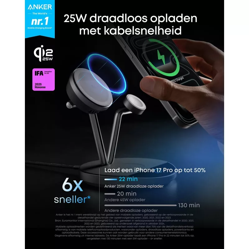 Anker Prime Wireless Charging Station Qi2.2 25W carregamento sem fios (3-em-1, MagGo, AirCool, Dock Stand) incl. fonte de alimentação