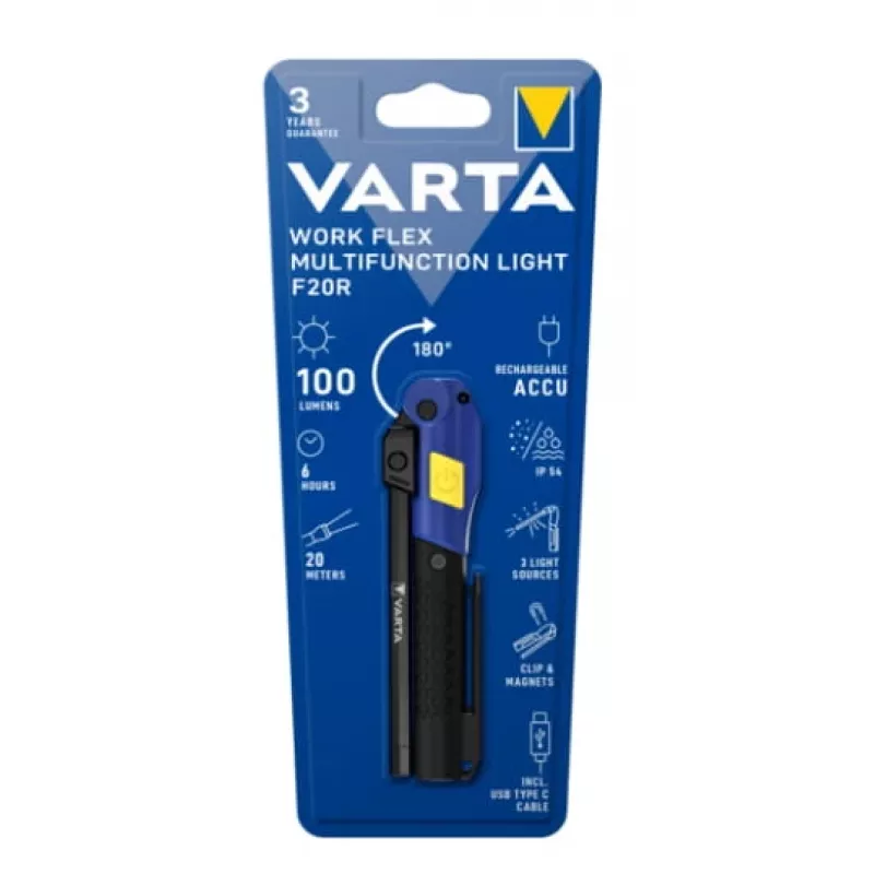 Luminária de trabalho manual Varta Work Flex preto LED, 100 lm, bateria incorporada, 6 h, alumínio/nylon/PC/borracha, 120 mm