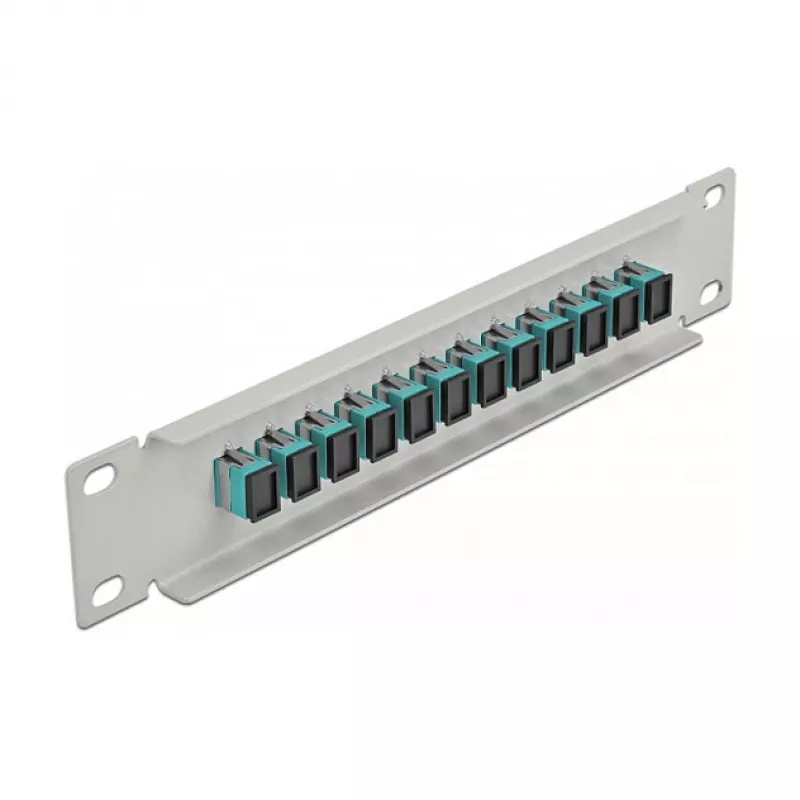 Patch panel de fibra ótica DeLOCK 10 polegadas 12 portas SC simplex aqua 1U cinzento