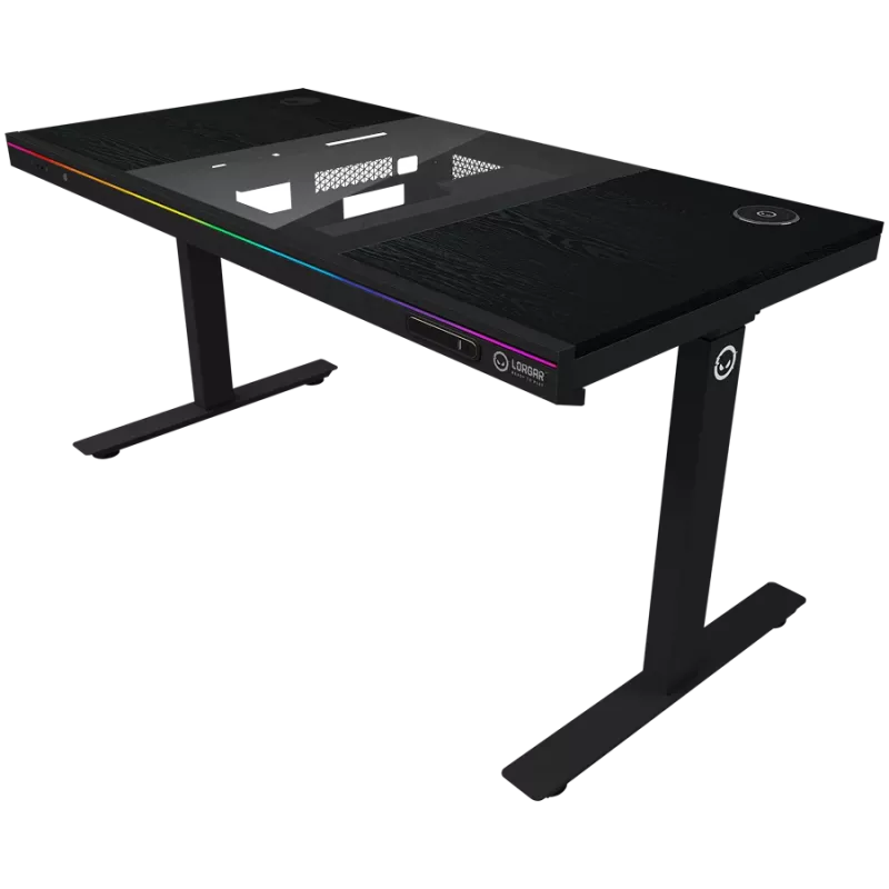 Secretária gaming de altura ajustável sentado/em pé com motor duplo, caixa de PC integrada, carregador sem fios, iluminação RGB, painel de controlo e portas USB, tampo em melamina PB, preto