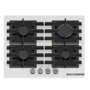 Placa a gás de encastrar Bosch PPP6A2I40, 4 zonas, grelhas em ferro fundido, preta, 590×520×54 mm, controlo por botão rotativo