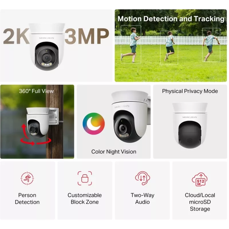 Câmara de segurança IP MERCUSYS MC510 Dome 2 MP, 2304×1296, 30 fps, Wi-Fi e Ethernet, visão noturna IV, montagem no teto, branco