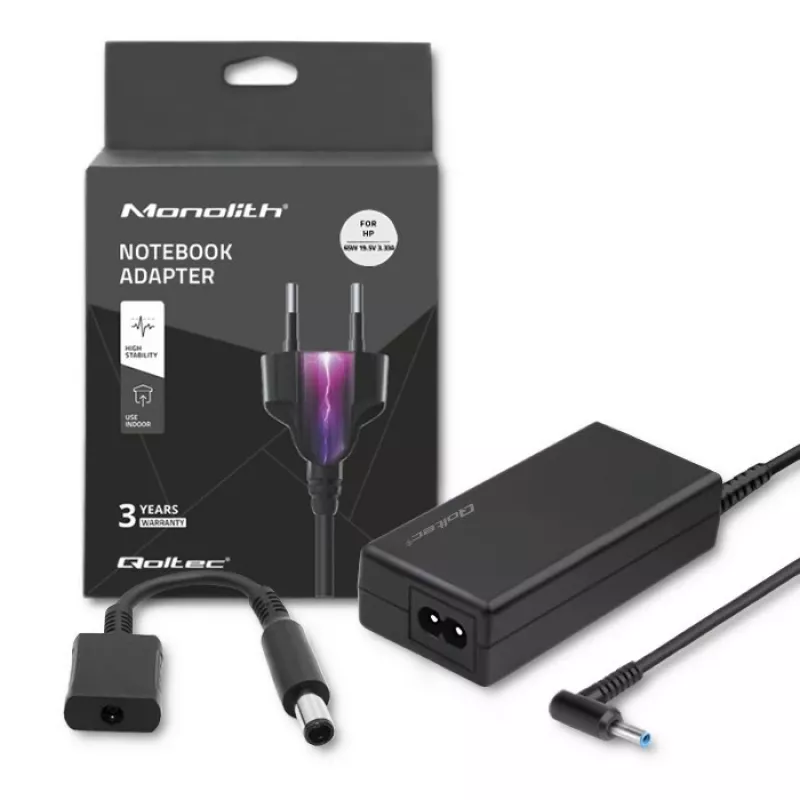 Qoltec 51728 fonte de alimentação para HP | 65W | 19V | 3,33A | 4,5*3,0+Pin | adaptador 4,5*3,0+Pin/7,4*5,0+Pin | cabo de alimentação