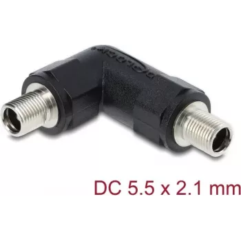 Delock 90942 adaptador de ficha DC oca 5,5x2,1 mm, fêmea para fêmea, com rosca, angular 90 graus