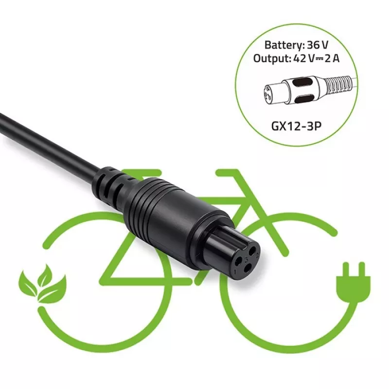Carregador para bicicleta elétrica QOLTEC 36V–42V 2A com ficha GX12 de 3 pinos