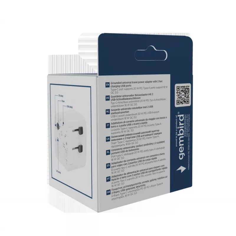 Fonte de alimentação de viagem GEMBIRD TPA-EU1A1C20-01-W 20W, USB-A 18W + USB-C 20W, tomada Schuko, entrada 100–250 V