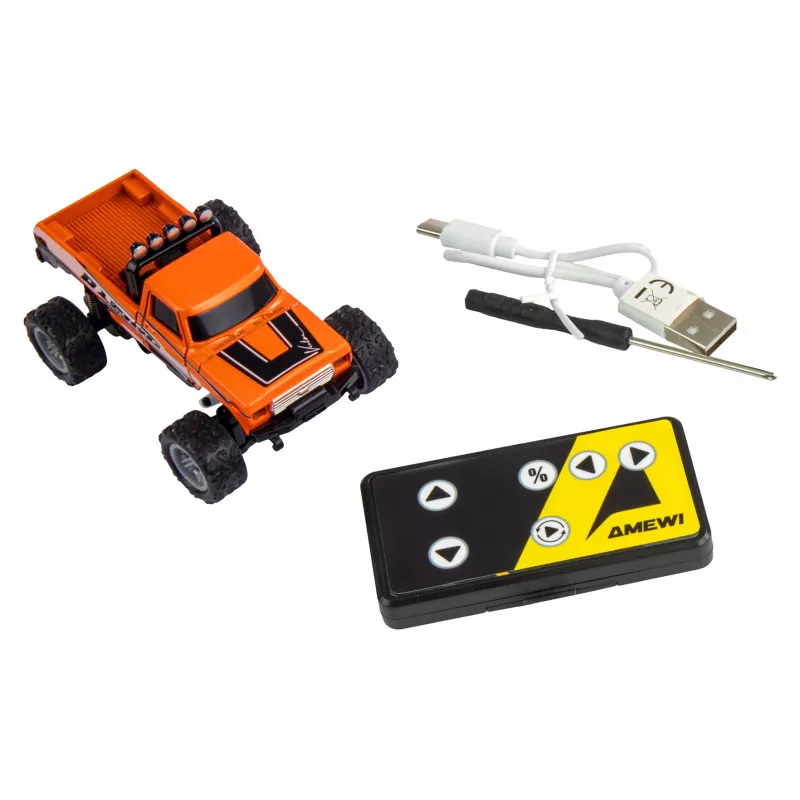 Monstertruck radiocontrolado Amewi DieCast 1:64 RTR laranja, caixa metálica, Ready-to-Run