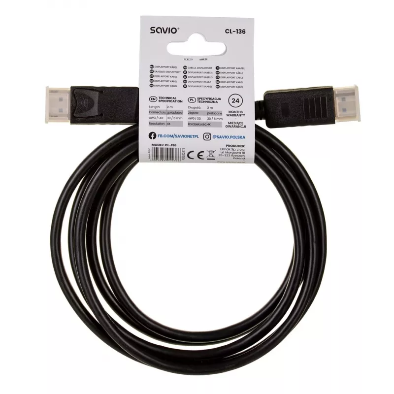 Cabo DisplayPort SAVIO CL-136, ficha DisplayPort–ficha, 2 m, DP 1.2, contactos dourados, preto