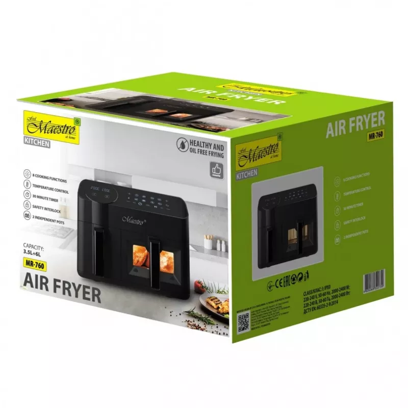Fritadeira de ar quente elétrica Maestro MR-760 – aparelho de bancada com construção dupla, 3,5 L + 6 L, controlo tátil, 2000–2400 W, preto