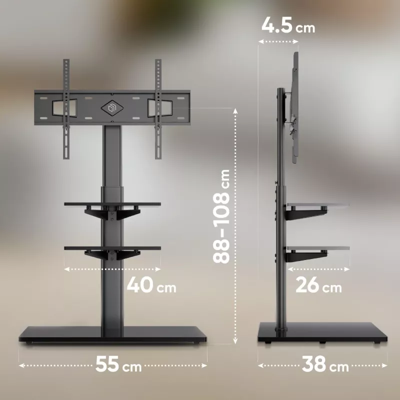Base de TV ONKRON TS5550-B para 32–65 polegadas (81,3–165,1 cm), carga máx. 30 kg, VESA 100x100–600x400, altura 880–1080 mm, orientável ±25°