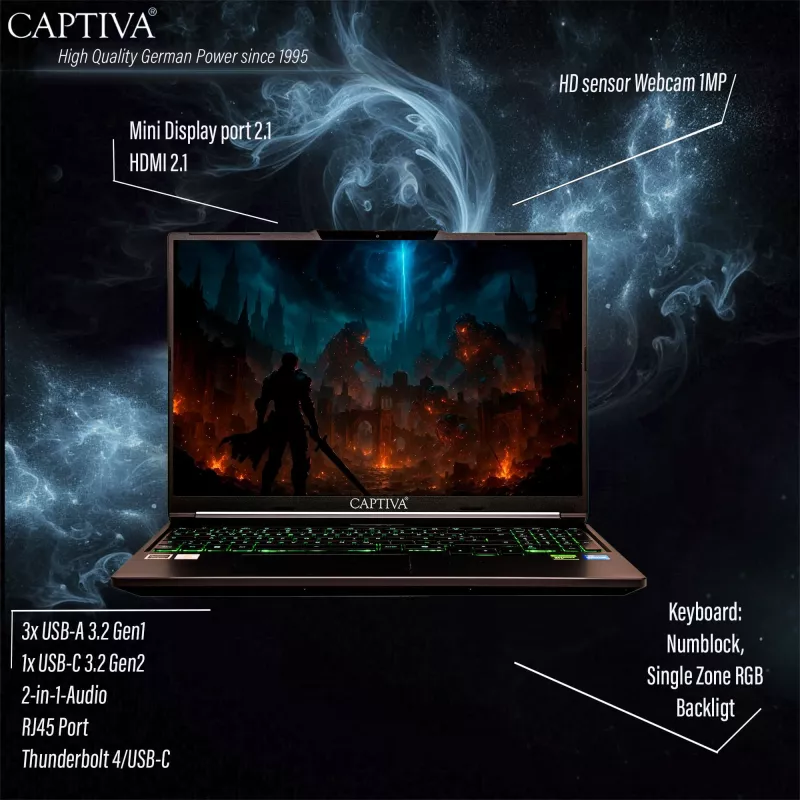 Captiva Highend Gaming I95-052GE portátil, 16" WQXGA, Intel Core i7-14650HX, 32 GB, 1 TB SSD, NVIDIA GeForce RTX 5070, Windows 11