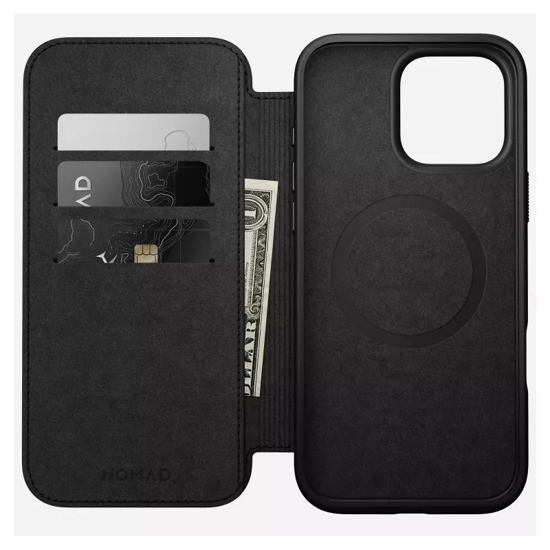 Capa tipo carteira para telemóvel Nomad NM01675785 para telemóveis Apple, compatível com até 17,5 cm (6,9 polegadas), preta, 3 compartimentos para cartões, suporte de mesa
