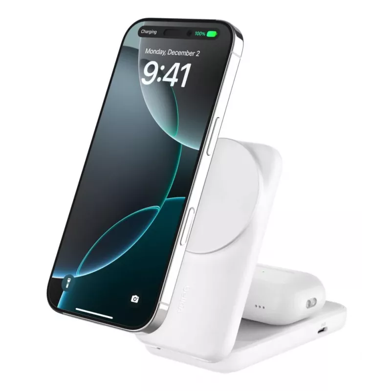 Belkin UltraCharge 25W Qi2 base de carregamento sem fios dobrável 2 em 1, branca (WIZ038KQWH)