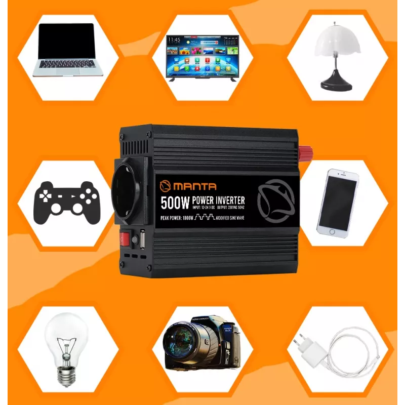 Inversor de potência MANTA MPI500M 500W potência contínua / 1000W potência de pico DC para AC