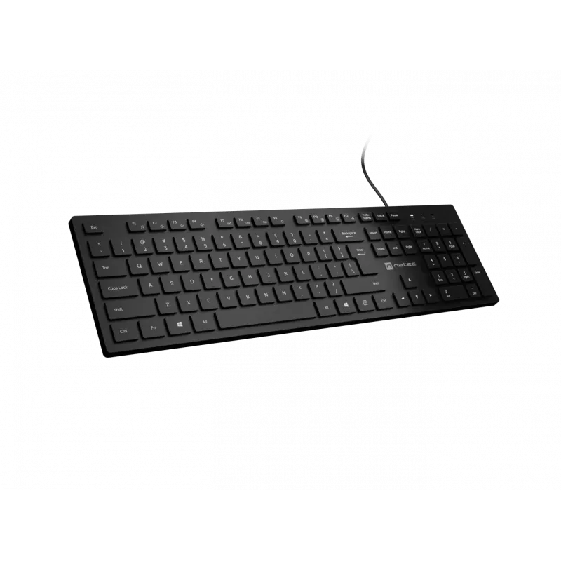 Teclado multimédia fino com fios NATEC HERRING — preto, layout low-profile, teclas multimédia