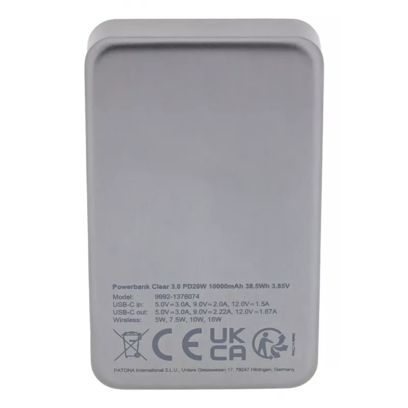 Patona Premium Clear 3.0 power bank 9992, 10000 mAh, PD 20W, MagSafe 15W, USB-C, cinzento