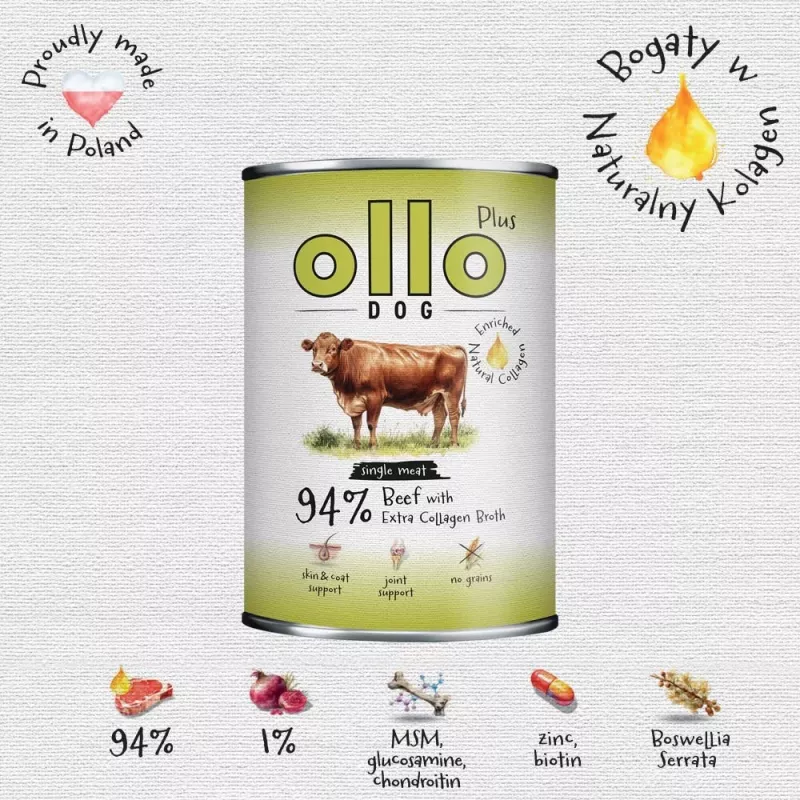 Ollo Plus Colagénio Vaca 400g Lata de comida húmida para cães