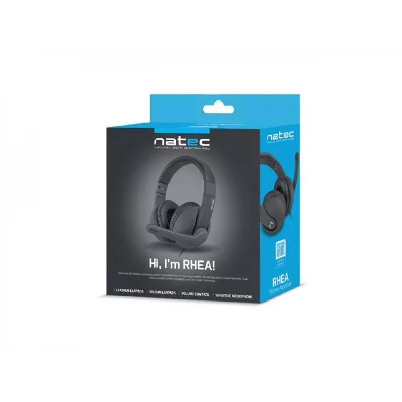 Headset binaural com fios NATEC Rhea com microfone de arco, conectores de 3,5 mm, cabo de 2,2 m, impedância de 32 Ω