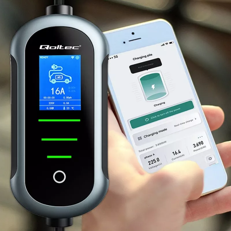 Carregador para veículos elétricos QOLTEC Mobile EV 2in1 Type2 11 kW 400 V Wi‑Fi TUYA SMART LIFE LCD wallbox portátil cabo 5 m