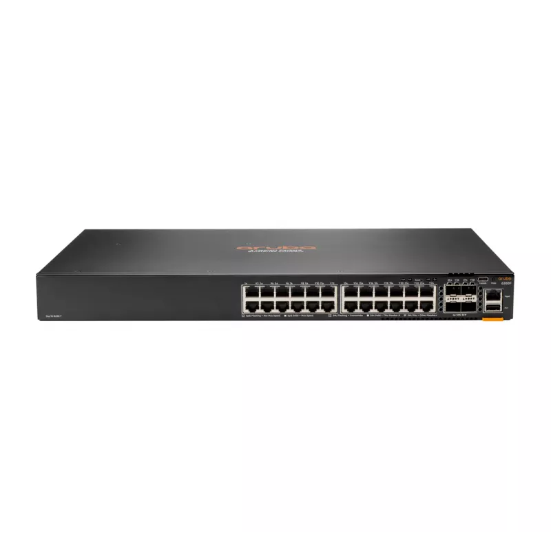 HPE - Série Aruba - Aruba 6300F - Switch - L3 - gerido - 24 x 10/100/1000 + 4 x 1 Gigabit / 10 Gigabit / 25 Gigabit / 50 Gigabit SFP56 (Uplink / Stacking) Frente e lado para trás