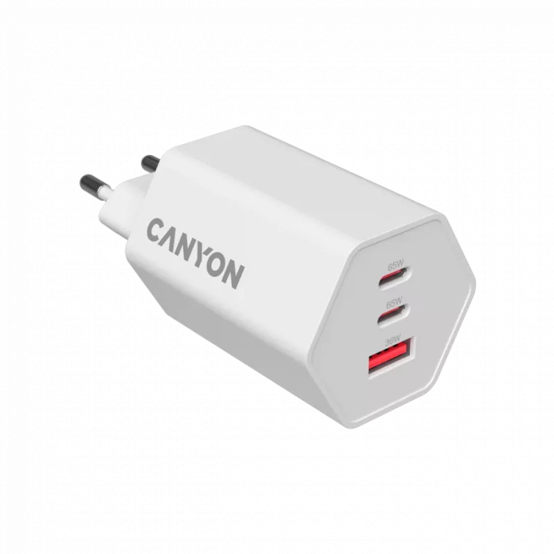 Carregador CANYON HEXAGON 65 GaN 65W 2xPD 1xQC EU branco CND-CHAHEX65W