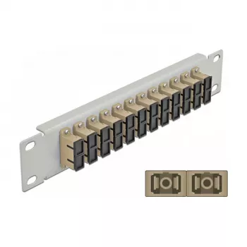 Patch panel de fibra ótica DeLOCK 10 polegadas 12 portas SC Duplex bege 1HE cinzento