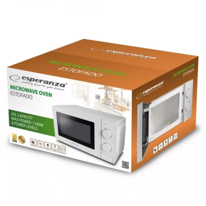 Esperanza ESTOFADO EKO011W micro-ondas solo, de bancada, 20 l, 700 W, 5 níveis de potência, prato rotativo de 24,5 cm, branco