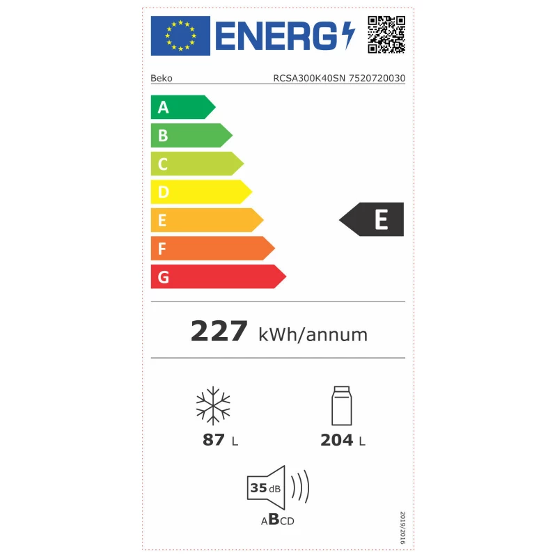 Frigorífico BEKO RCSA300K40SN, classe de eficiência energética E, altura 181 cm, aço inoxidável