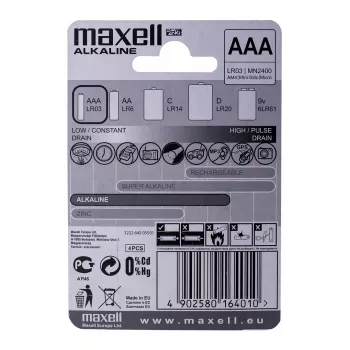 Pilha MAXELL alcalina LR-03 AAA pack de 4 pilhas descartáveis