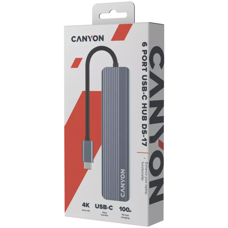 Hub USB Type-C CANYON DS-17 — HDMI, USB 3.2 Gen 1 A, USB-C, MicroSD, 10000 Mbit/s, cinzento